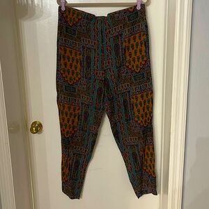 RAFFERTY 90’s FUN FESTIVAL PANTS WOMENS SIZE M BROWN GREEN PULL-ON POCKETS COMFY